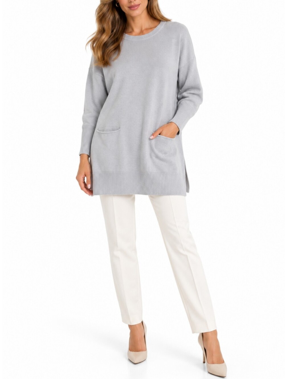 J. Jill Grey Knit Tunic Sweater Size M Pure Jill Pockets Cozy Lagenlook